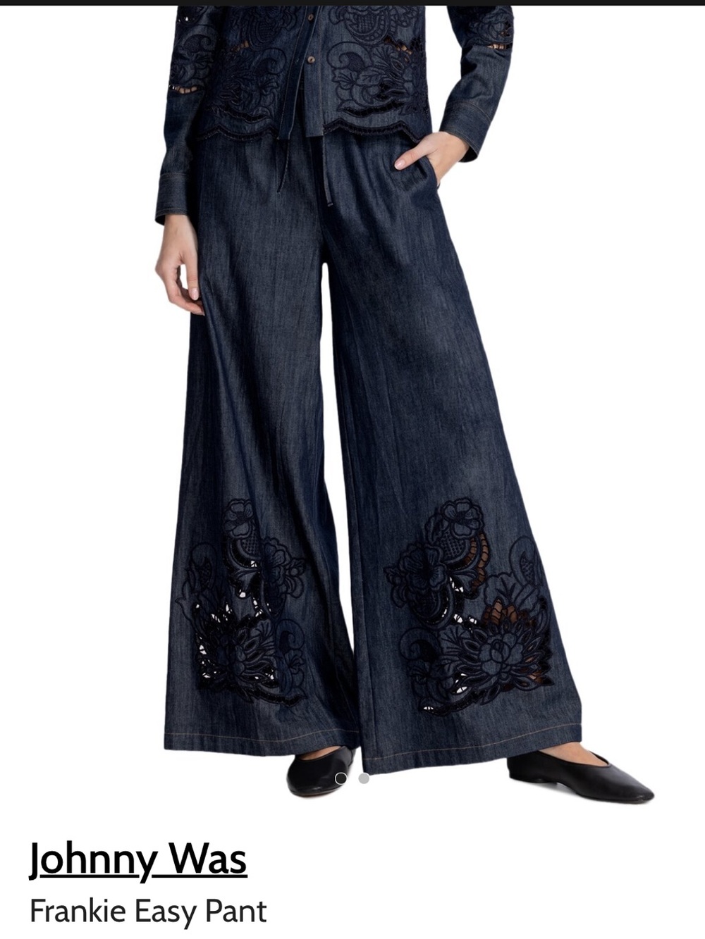 Johnny Was Dark Indigo Wide-Leg Embroidered Frankie Easy Pant